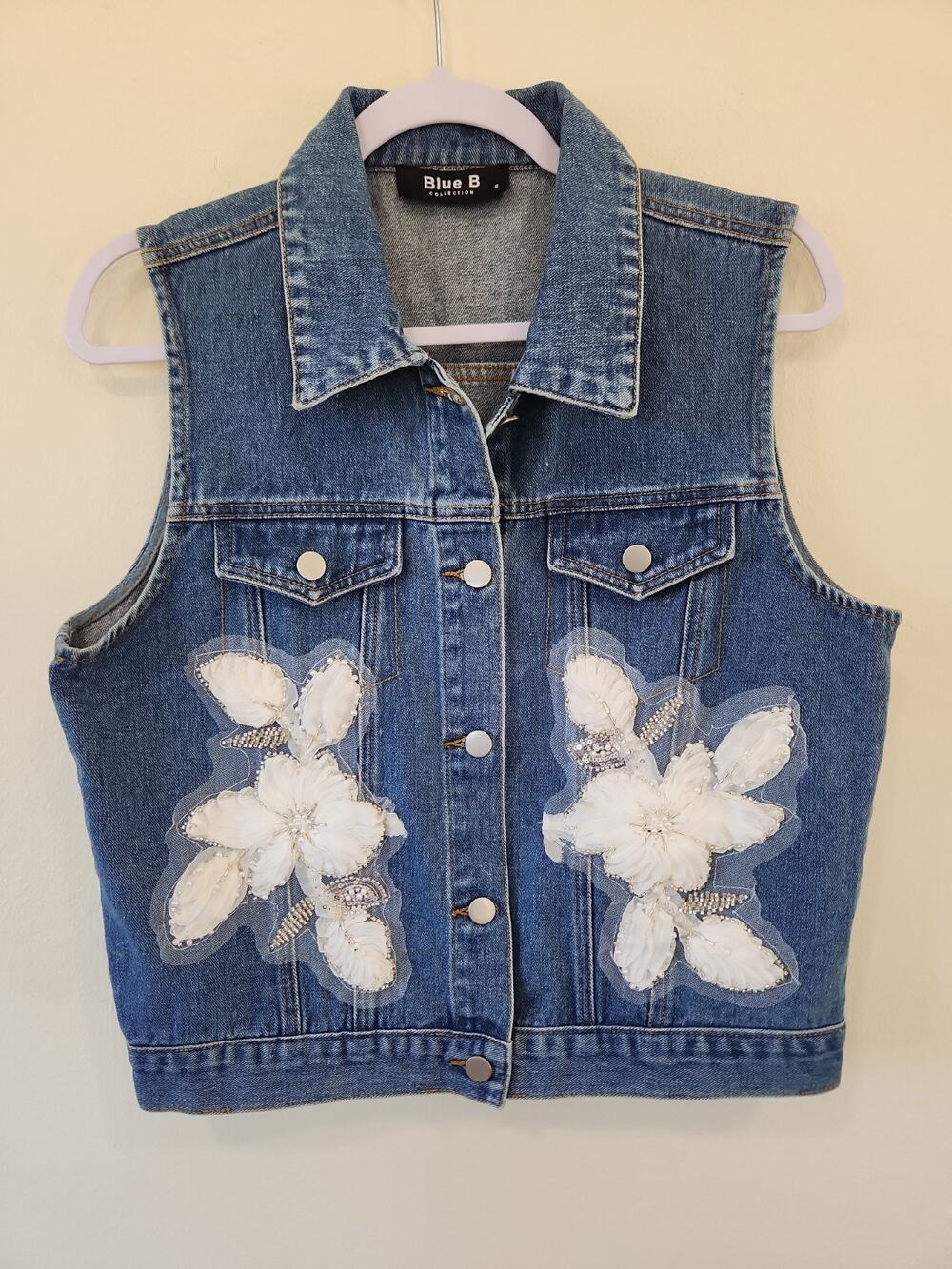 Blue B. Collection Denim Embellished Vest Small Beaded Floral Romantic Paisley